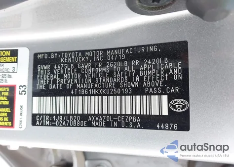 2019 Toyota Camry Xse из США, поврежденный, VIN 4T1B61HKXKU250193